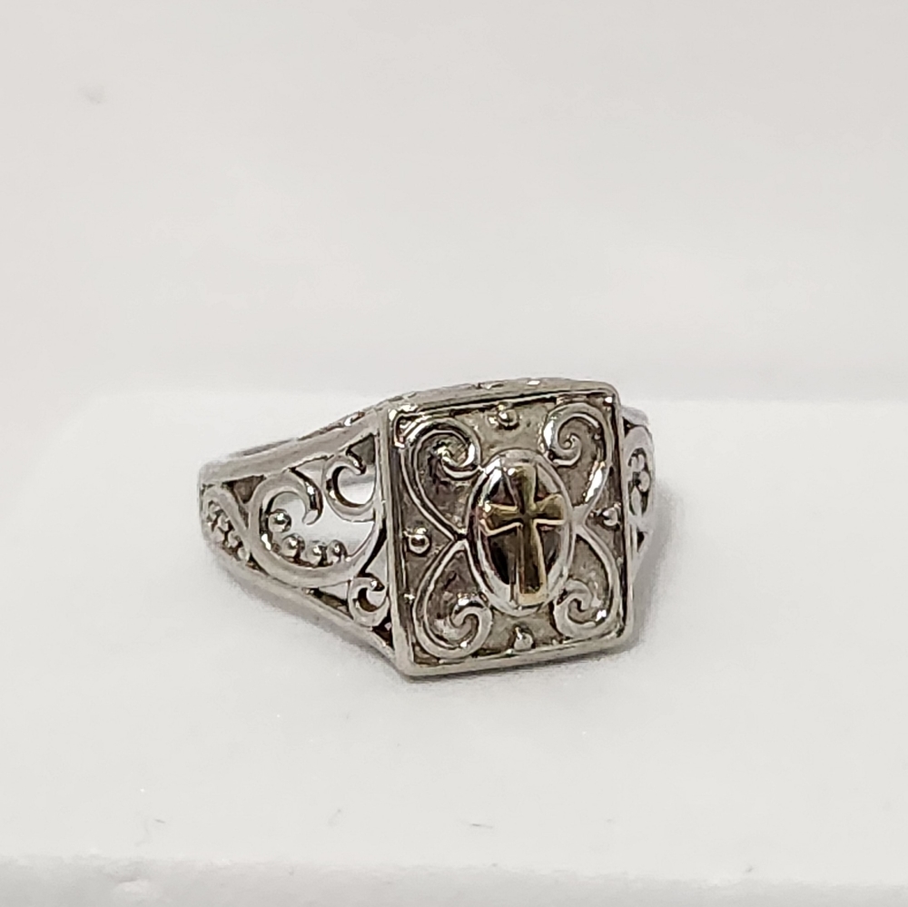 Sterling Silver and Gold Filigree Cross Ring, Size 7